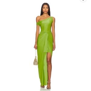 One-Shoulder Draped High-Low Evening Gown in Lime Green
